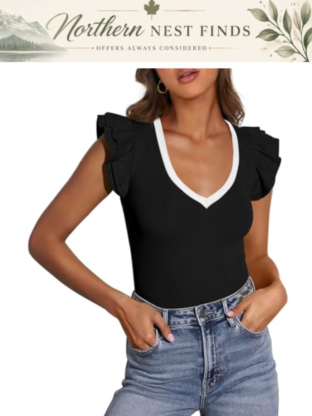 Sleeveless Slim Fit V Neck Ruffle Tee Business Casual Top